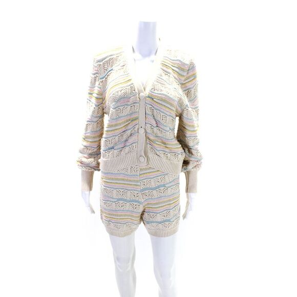 Zara Sweaters - Zara Womens Cotton Knitted Buttoned V-Neck Cardigan Shorts Set Beige Size M L
